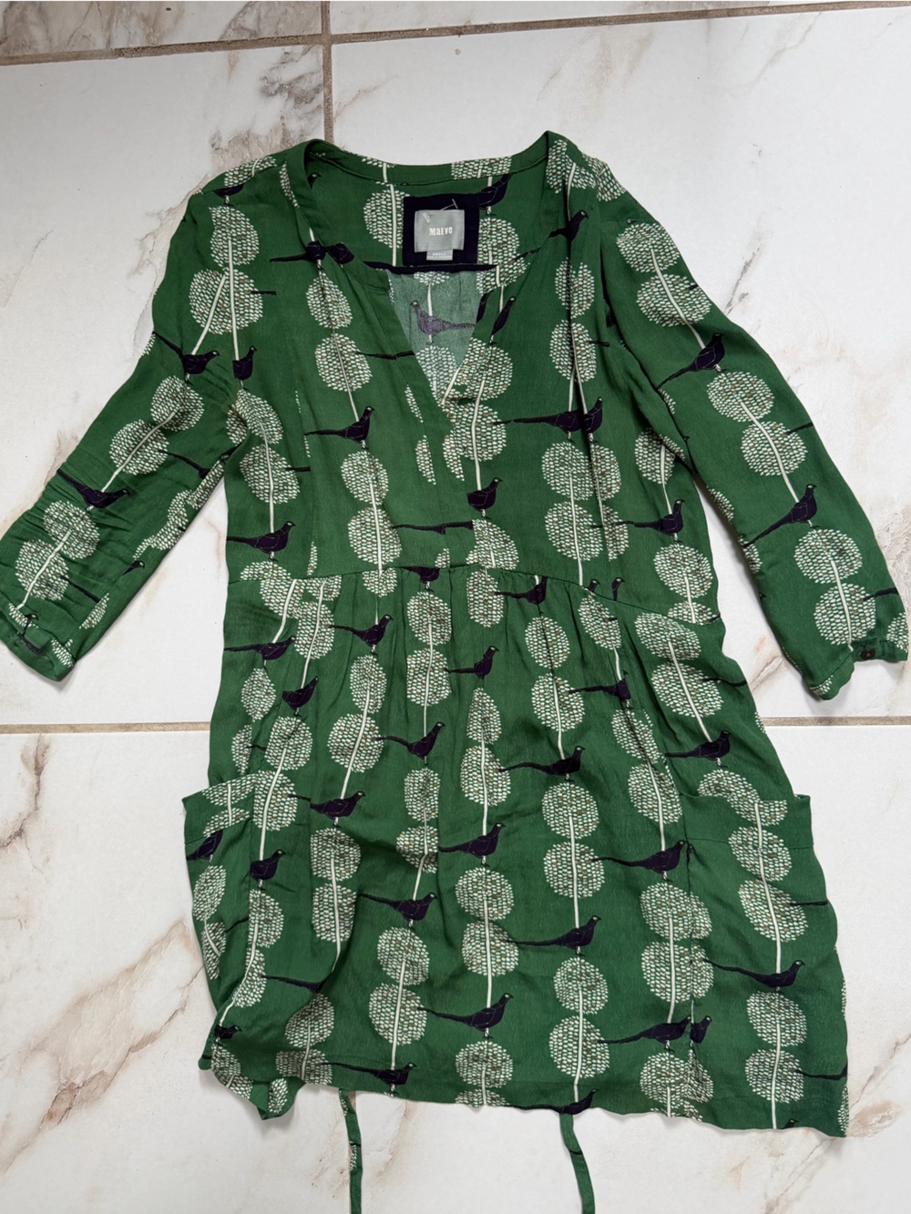 Maeve Green Printed V-Neck Dress with Bird Motif
